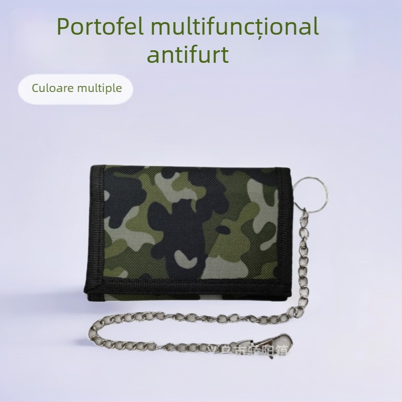 Portofel anti-furt, multifuncțional, cu închidere Velcro, design orizontal scurt, din poliester; clips pentru bancnote, fereastră pentru ID, buzunare pentru carduri și buzunar cu fermoar.