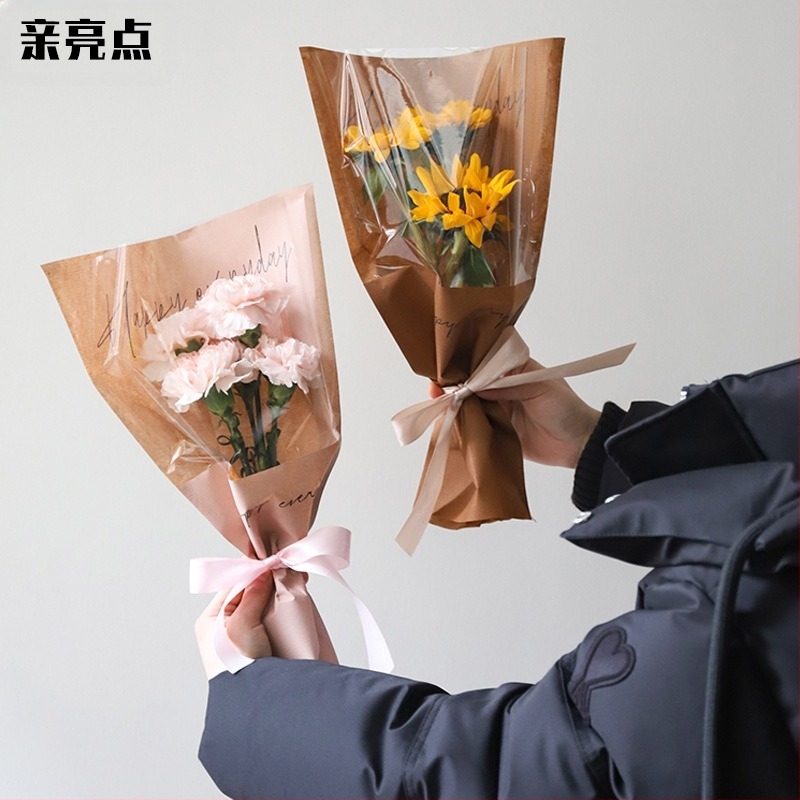 Geantă pentru ambalarea buchetului de flori din hârtie Kraft, impermeabilă, imprimare cu cerneală, ambalaj tip opp