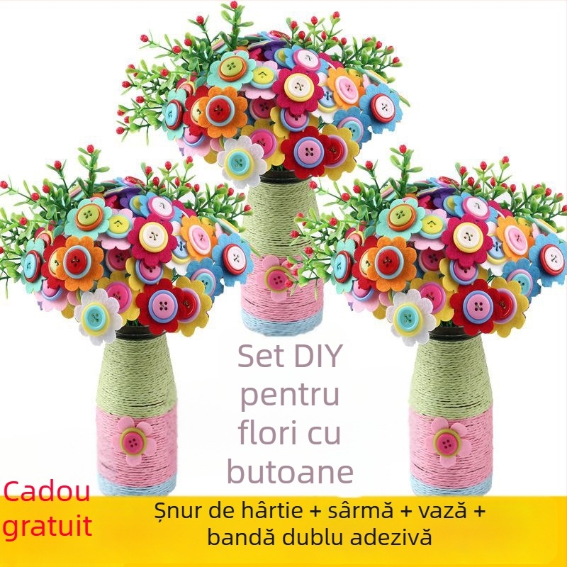 Kit DIY buchet de nasturi - material textil, origine Yiwu, ambalaj cutie color, potrivit pentru copii 4–6 ani, dezvoltă abilitățile intelectuale și coordonarea mână-ochi