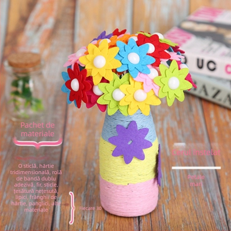 Kit DIY buchet de nasturi - material textil, origine Yiwu, ambalaj cutie color, potrivit pentru copii 4–6 ani, dezvoltă abilitățile intelectuale și coordonarea mână-ochi