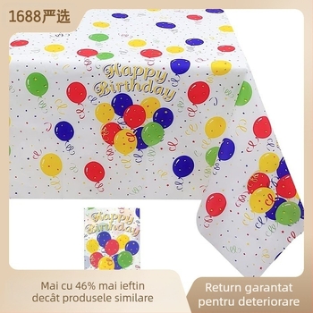 Față de masă de unică folosință, cu model balon, din plastic (polietilenă), dreptunghiulară, grosime 0,03 mm, perioadă de valabilitate 36 de luni