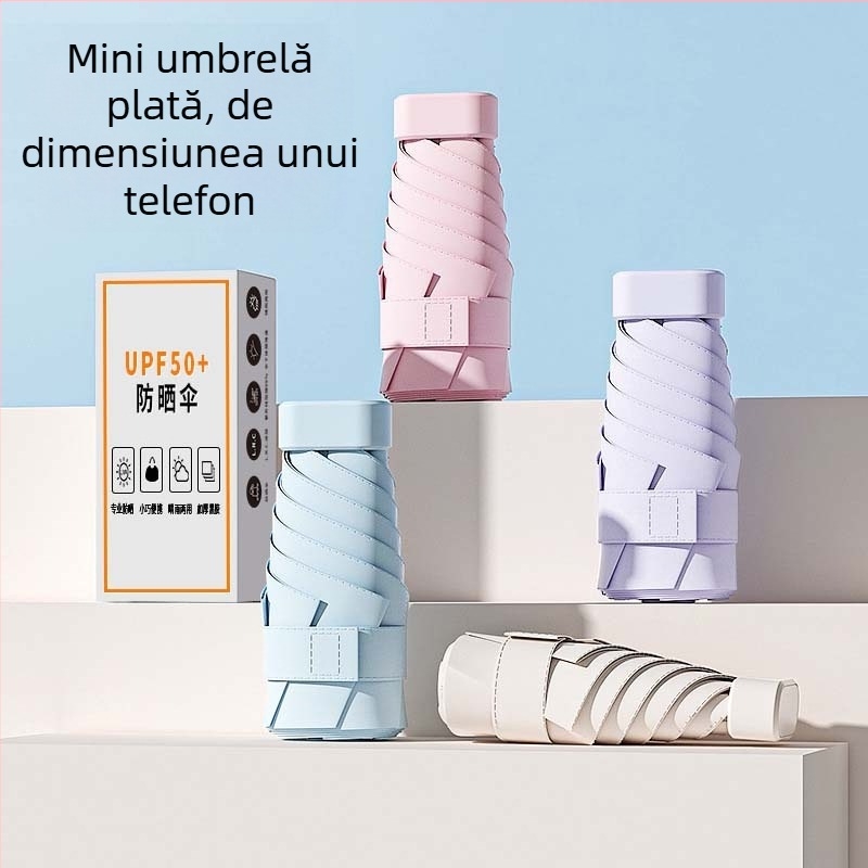 Umbrelă capsule de soare, compactă și ușoară, cadru din oțel cu 6 brațe, țesătură poliester 190T, UPF50+, deschidere manuală