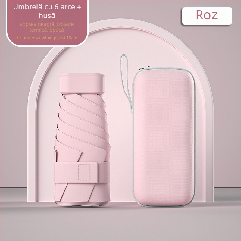 Umbrelă capsule de soare, compactă și ușoară, cadru din oțel cu 6 brațe, țesătură poliester 190T, UPF50+, deschidere manuală