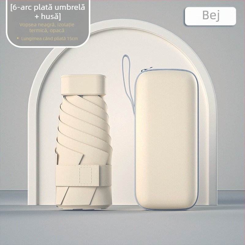 Umbrelă capsule de soare, compactă și ușoară, cadru din oțel cu 6 brațe, țesătură poliester 190T, UPF50+, deschidere manuală