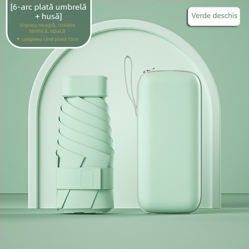 Umbrelă capsule de soare, compactă și ușoară, cadru din oțel cu 6 brațe, țesătură poliester 190T, UPF50+, deschidere manuală