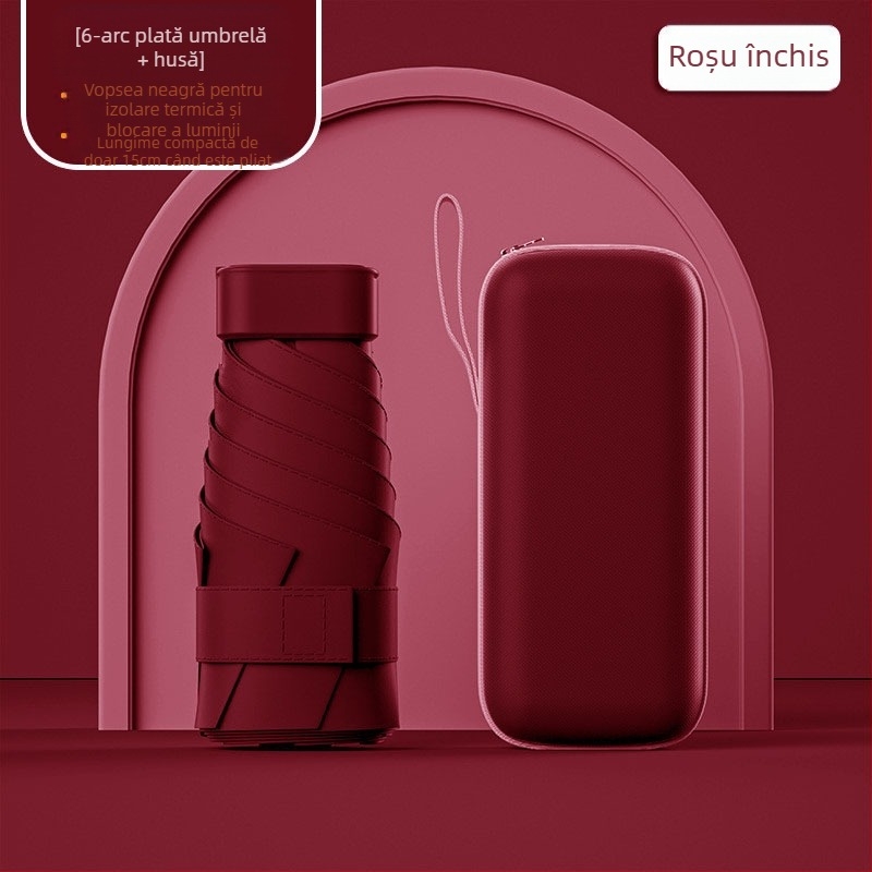 Umbrelă capsule de soare, compactă și ușoară, cadru din oțel cu 6 brațe, țesătură poliester 190T, UPF50+, deschidere manuală