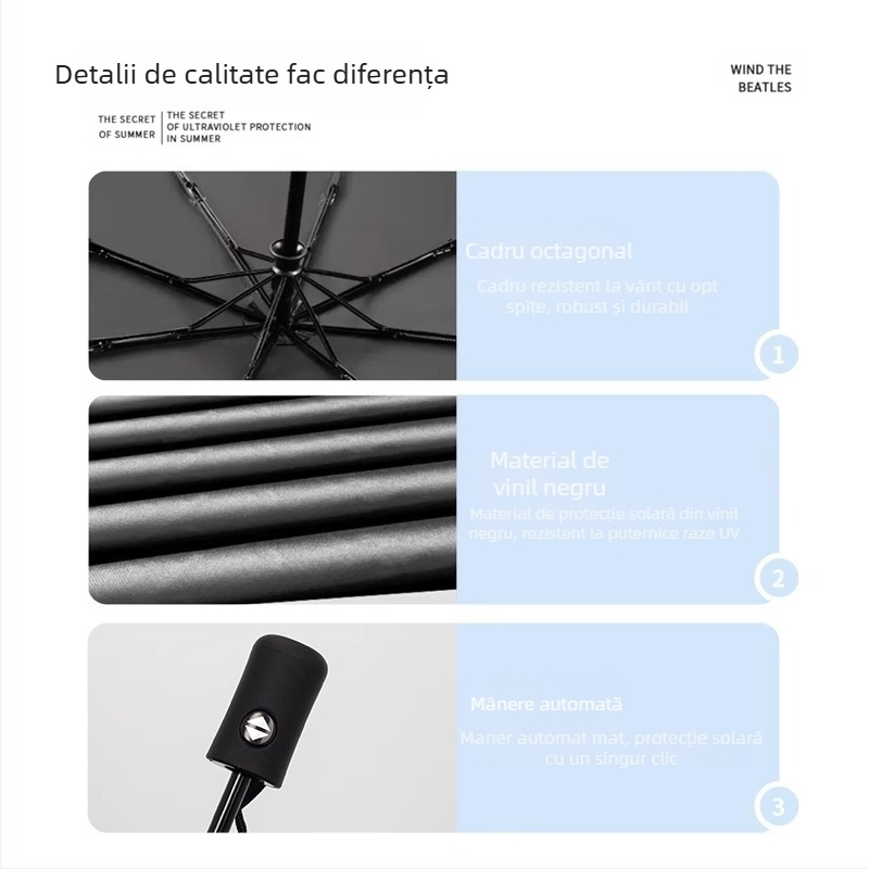 Umbrelă de soare cu 8 nervuri, cadru din fier, ax și mâner din lemn, țesătură poliester 190T, UPF50+, deschidere/închidere manuală