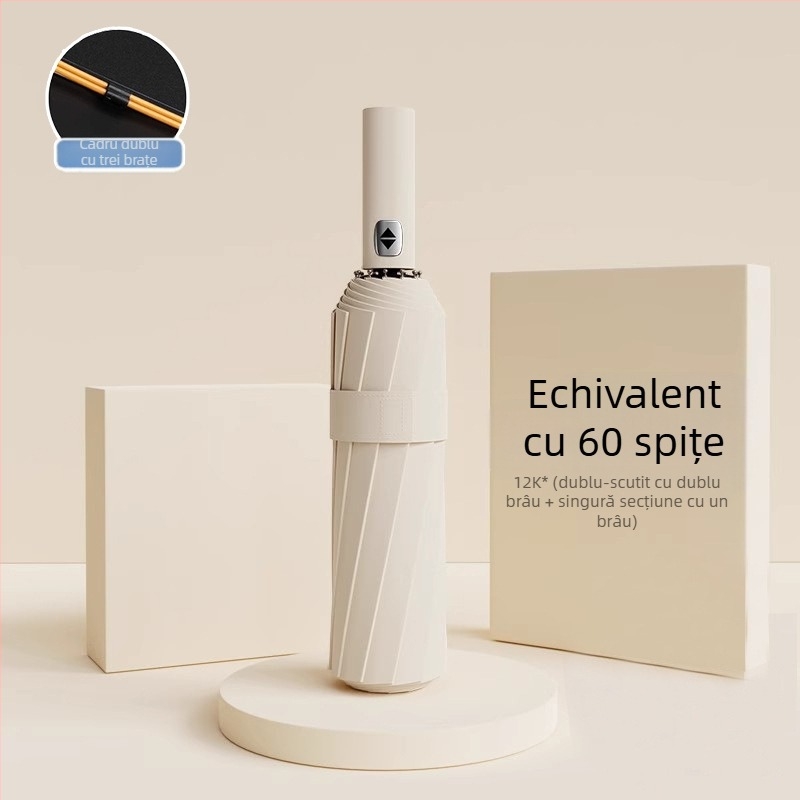 Umbrelă automată pliantă pentru bărbați și femei, utilizare dublă soare și ploaie, 12 nervuri din oțel, UPF > 50.