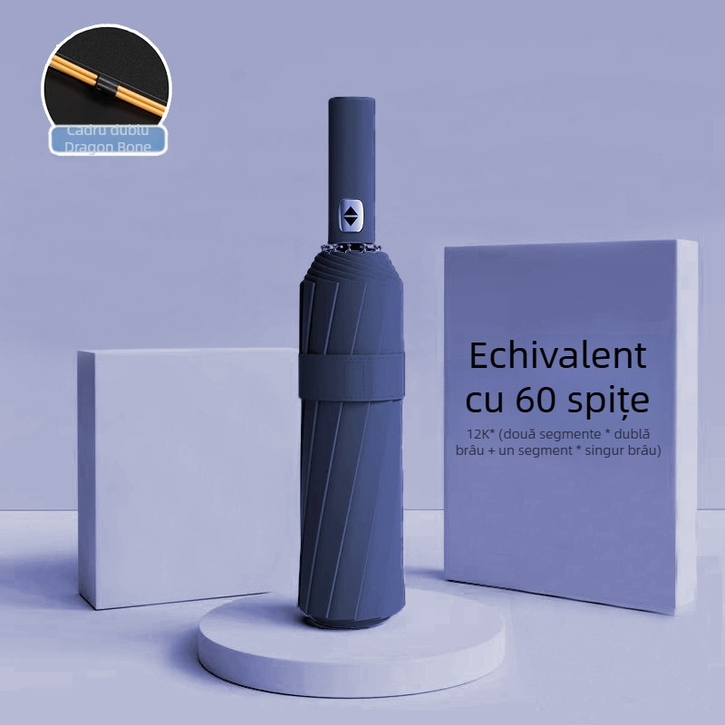 Umbrelă automată pliantă pentru bărbați și femei, utilizare dublă soare și ploaie, 12 nervuri din oțel, UPF > 50.