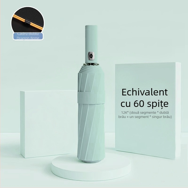 Umbrelă automată pliantă pentru bărbați și femei, utilizare dublă soare și ploaie, 12 nervuri din oțel, UPF > 50.