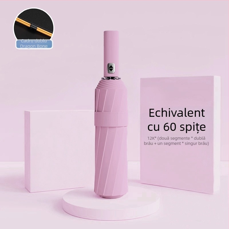 Umbrelă automată pliantă pentru bărbați și femei, utilizare dublă soare și ploaie, 12 nervuri din oțel, UPF > 50.