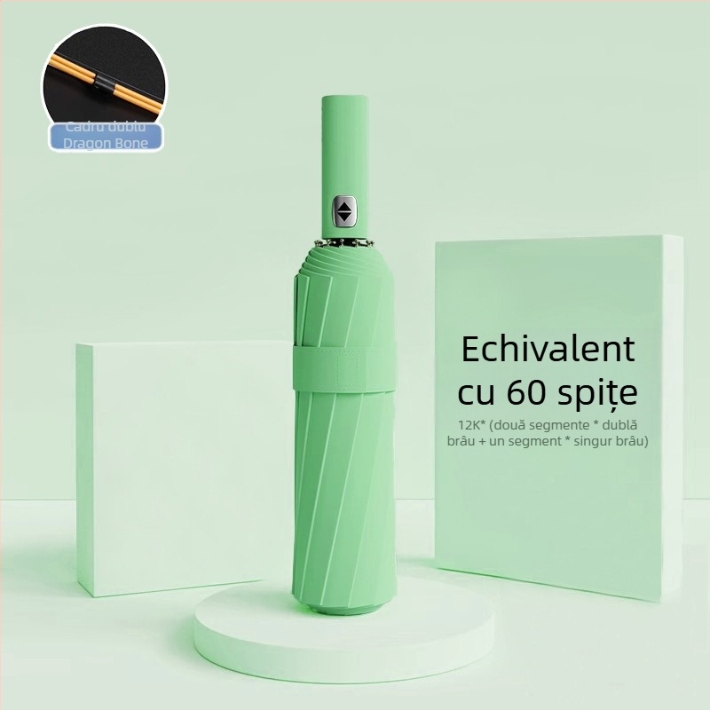 Umbrelă automată pliantă pentru bărbați și femei, utilizare dublă soare și ploaie, 12 nervuri din oțel, UPF > 50.