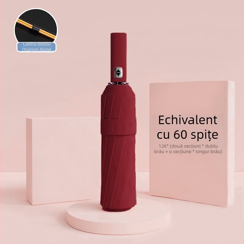 Umbrelă automată pliantă pentru bărbați și femei, utilizare dublă soare și ploaie, 12 nervuri din oțel, UPF > 50.