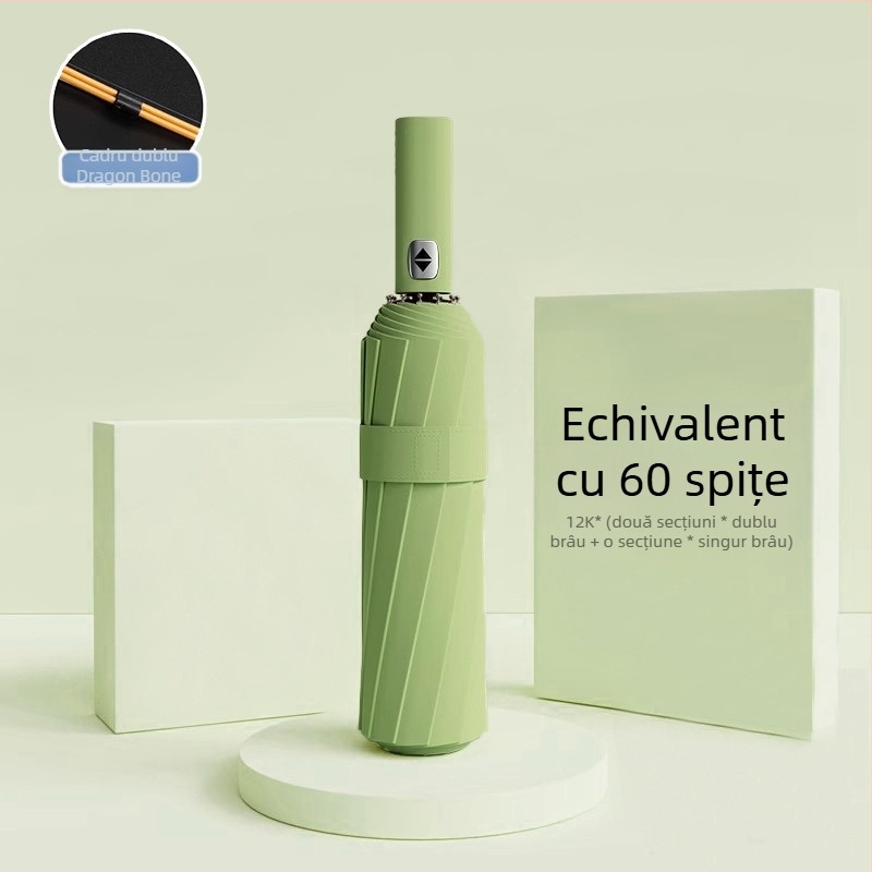 Umbrelă automată pliantă pentru bărbați și femei, utilizare dublă soare și ploaie, 12 nervuri din oțel, UPF > 50.