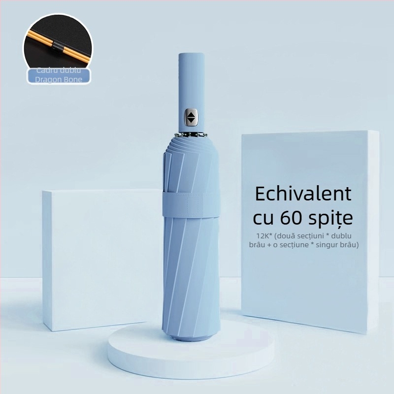 Umbrelă automată pliantă pentru bărbați și femei, utilizare dublă soare și ploaie, 12 nervuri din oțel, UPF > 50.