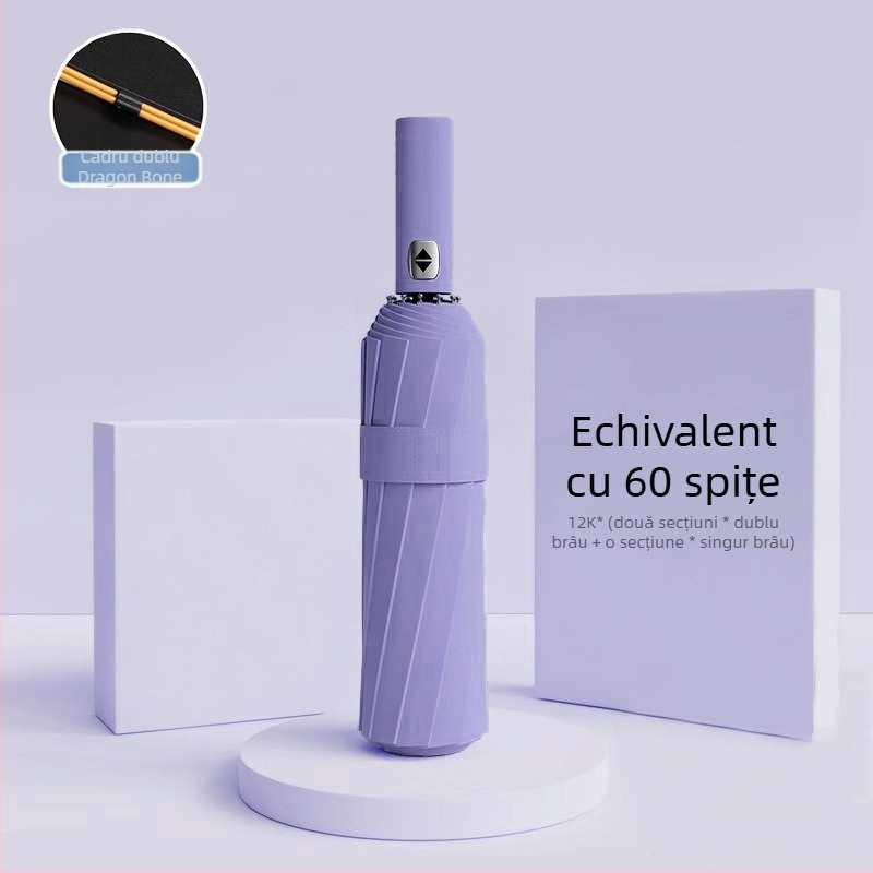 Umbrelă automată pliantă pentru bărbați și femei, utilizare dublă soare și ploaie, 12 nervuri din oțel, UPF > 50.