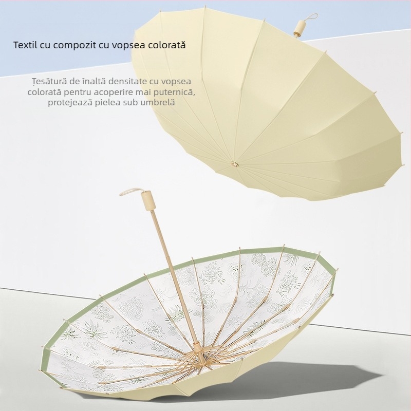 Umbrelă de soare cu 16 arce, deschidere manuală, protecție UV UPF 50+, arce din aliaj, mâner din lemn