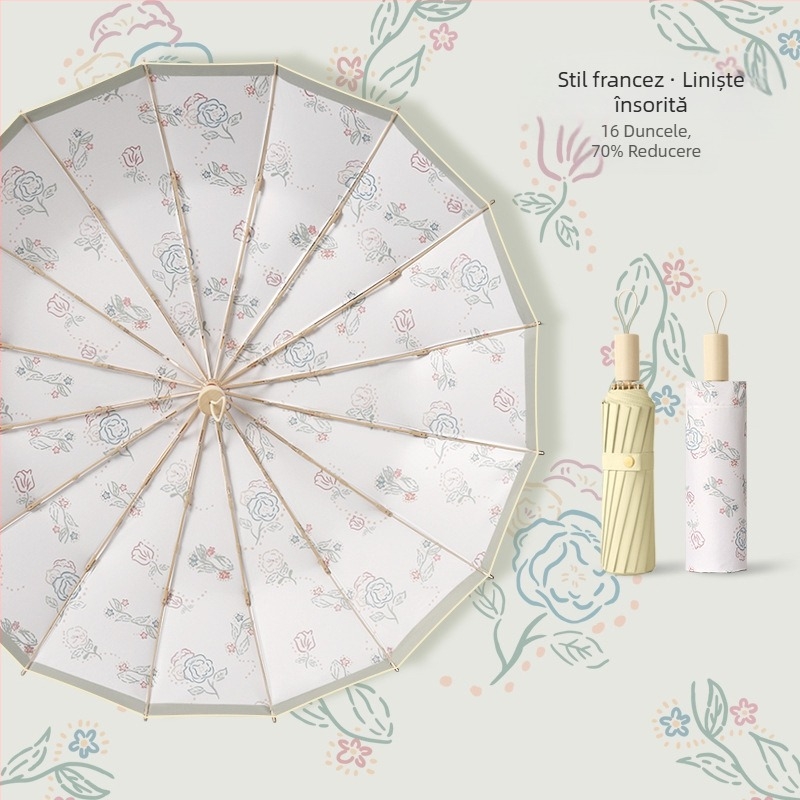 Umbrelă de soare cu 16 arce, deschidere manuală, protecție UV UPF 50+, arce din aliaj, mâner din lemn