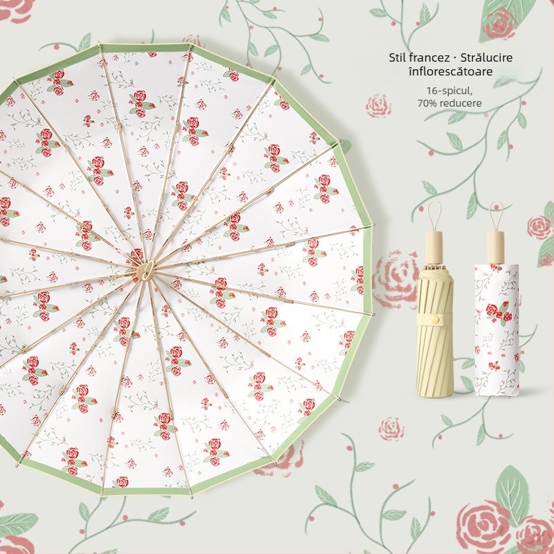 Umbrelă de soare cu 16 arce, deschidere manuală, protecție UV UPF 50+, arce din aliaj, mâner din lemn