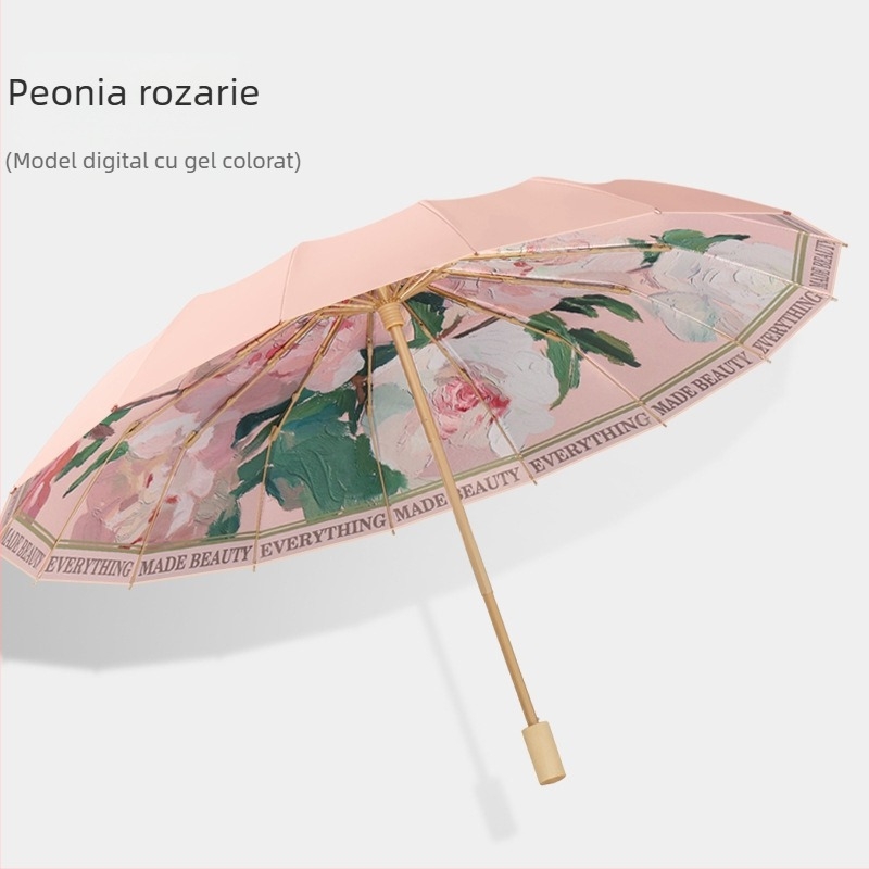 Umbrelă de soare cu 16 arce, deschidere manuală, protecție UV UPF 50+, arce din aliaj, mâner din lemn