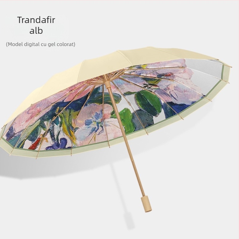 Umbrelă de soare cu 16 arce, deschidere manuală, protecție UV UPF 50+, arce din aliaj, mâner din lemn