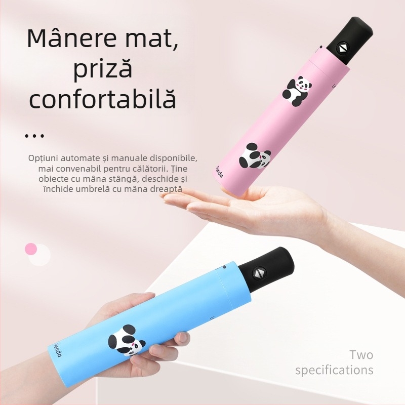 Umbrelă pentru soare și ploaie, design cu trei segmente în stil desen animat, cadru din fier cu 8 arce, deschidere manuală, protecție UV PA+++
