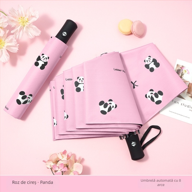 Umbrelă pentru soare și ploaie, design cu trei segmente în stil desen animat, cadru din fier cu 8 arce, deschidere manuală, protecție UV PA+++