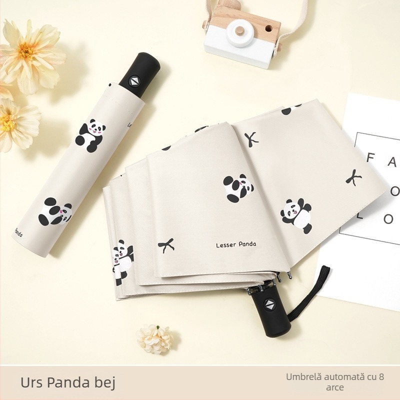 Umbrelă pentru soare și ploaie, design cu trei segmente în stil desen animat, cadru din fier cu 8 arce, deschidere manuală, protecție UV PA+++
