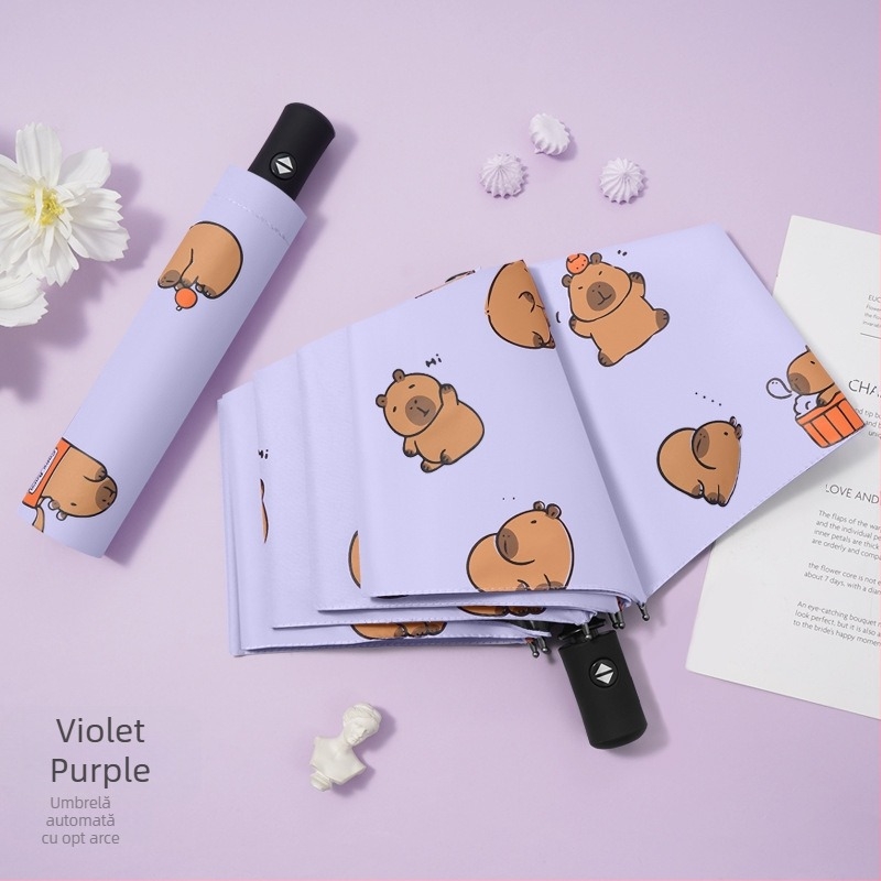 Umbrelă pentru soare și ploaie, design cu trei segmente în stil desen animat, cadru din fier cu 8 arce, deschidere manuală, protecție UV PA+++