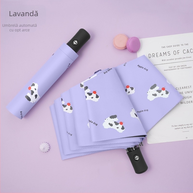 Umbrelă pentru soare și ploaie, design cu trei segmente în stil desen animat, cadru din fier cu 8 arce, deschidere manuală, protecție UV PA+++