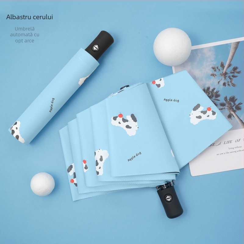 Umbrelă pentru soare și ploaie, design cu trei segmente în stil desen animat, cadru din fier cu 8 arce, deschidere manuală, protecție UV PA+++