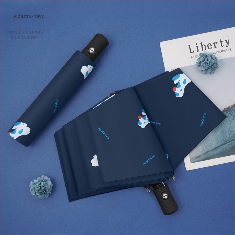 Umbrelă pentru soare și ploaie, design cu trei segmente în stil desen animat, cadru din fier cu 8 arce, deschidere manuală, protecție UV PA+++