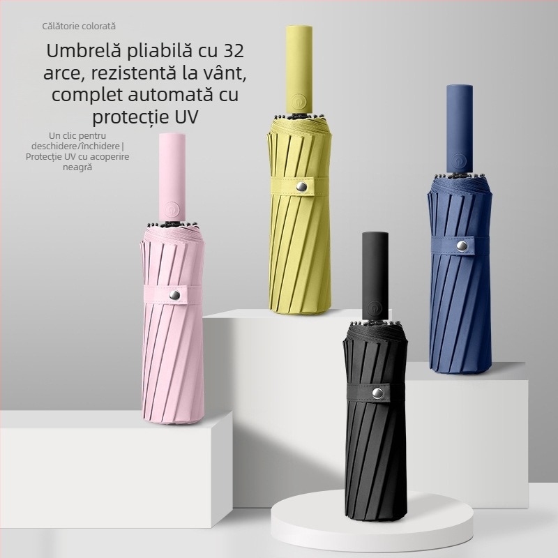 Umbrelă de soare cu cadru cu 16 brațe, deschidere automată, UPF > 50, tijă din fier, mâner din plastic