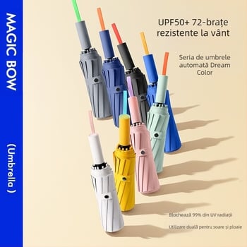 Umbrelă de soare automată, cu 12 nervuri, pliabilă, țesătură 210t, UPF 50+, design triplu pliat, nervuri din fibră
