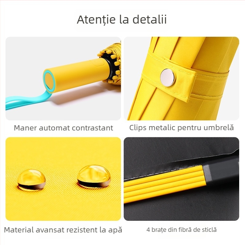 Umbrelă de soare automată, cu 12 nervuri, pliabilă, țesătură 210t, UPF 50+, design triplu pliat, nervuri din fibră