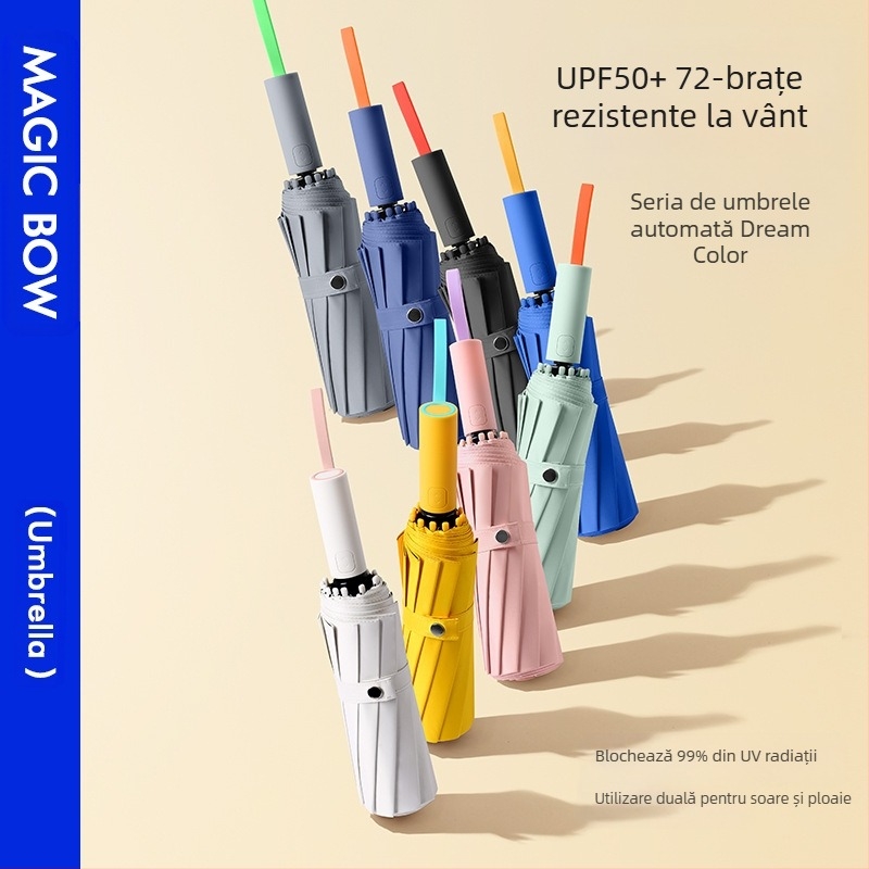 Umbrelă de soare automată, cu 12 nervuri, pliabilă, țesătură 210t, UPF 50+, design triplu pliat, nervuri din fibră