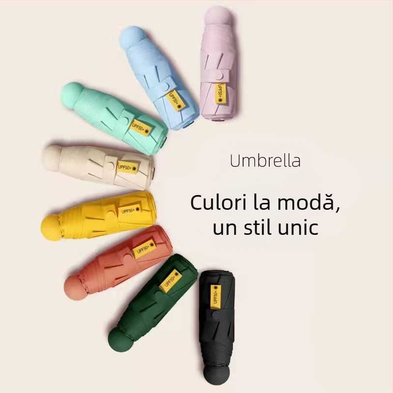Umbrelă capsulă cu cinci segmente, de buzunar, protecție UV UPF50+, țesătură 190T, 6 brațe, tijă din oțel, mâner din plastic, deschidere manuală, umbrelă publicitară