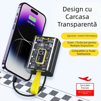 Power Bank 10000mAh cu cablu încorporat, stil industrial, baterie litiu-ion, intrare 5V, ieșire 10W QC2.0