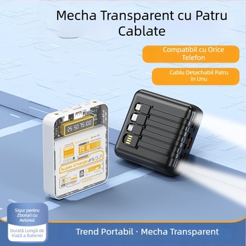 Power Bank 10000mAh cu cablu încorporat, stil industrial, baterie litiu-ion, intrare 5V, ieșire 10W QC2.0