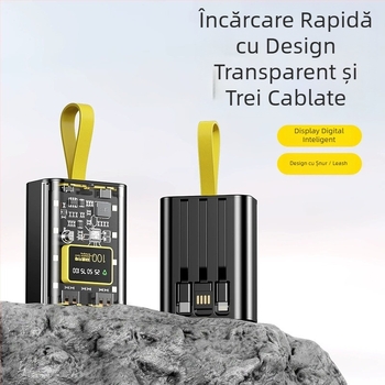 Power Bank 10000mAh cu cablu încorporat, stil industrial, baterie litiu-ion, intrare 5V, ieșire 10W QC2.0