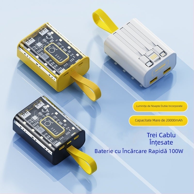 Power Bank 10000mAh cu cablu încorporat, stil industrial, baterie litiu-ion, intrare 5V, ieșire 10W QC2.0