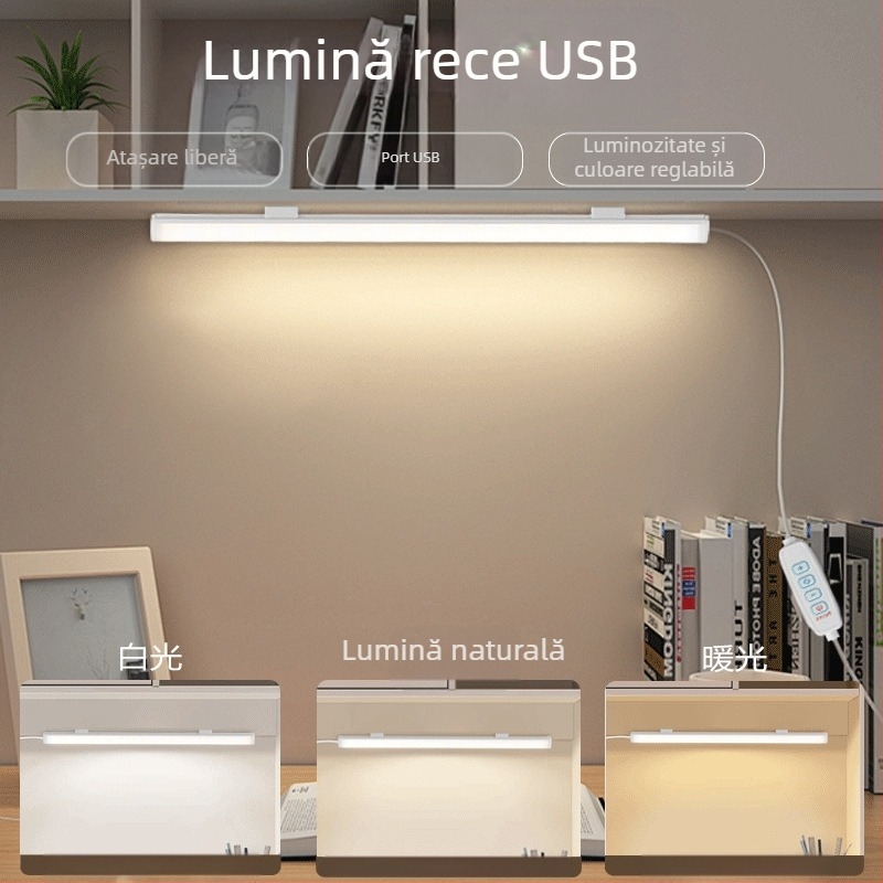 Lampă de birou pentru studiu, alimentare USB, comutator cu buton, corp din PC, intensitate reglabilă, stil modern minimalist