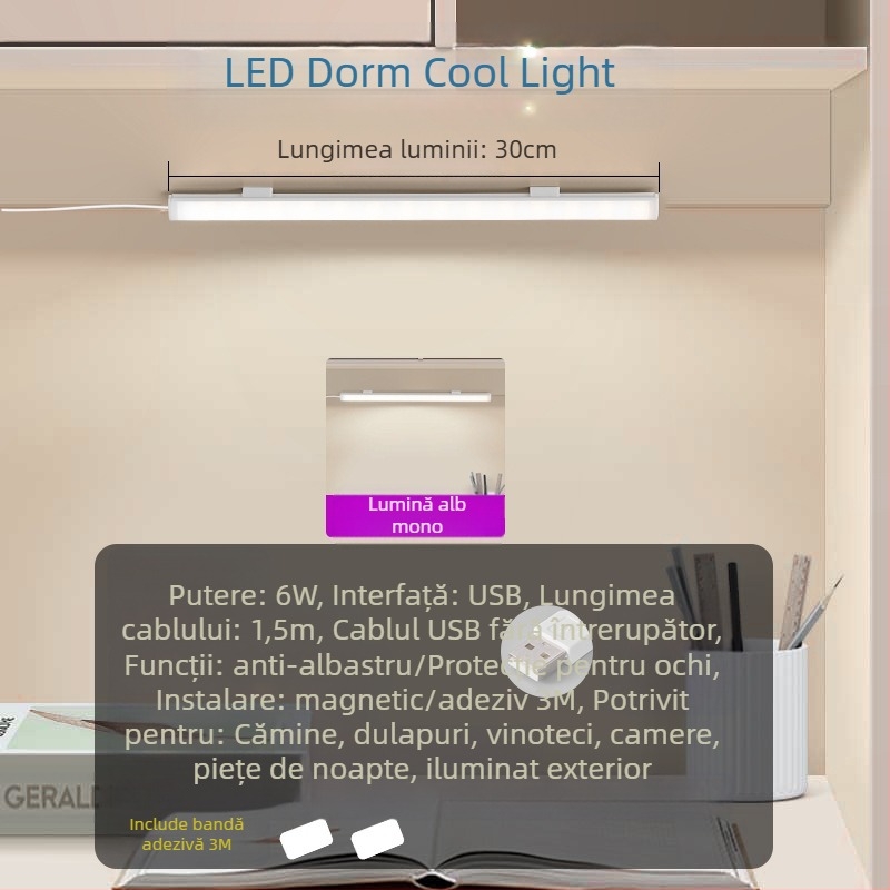 Lampă de birou pentru studiu, alimentare USB, comutator cu buton, corp din PC, intensitate reglabilă, stil modern minimalist