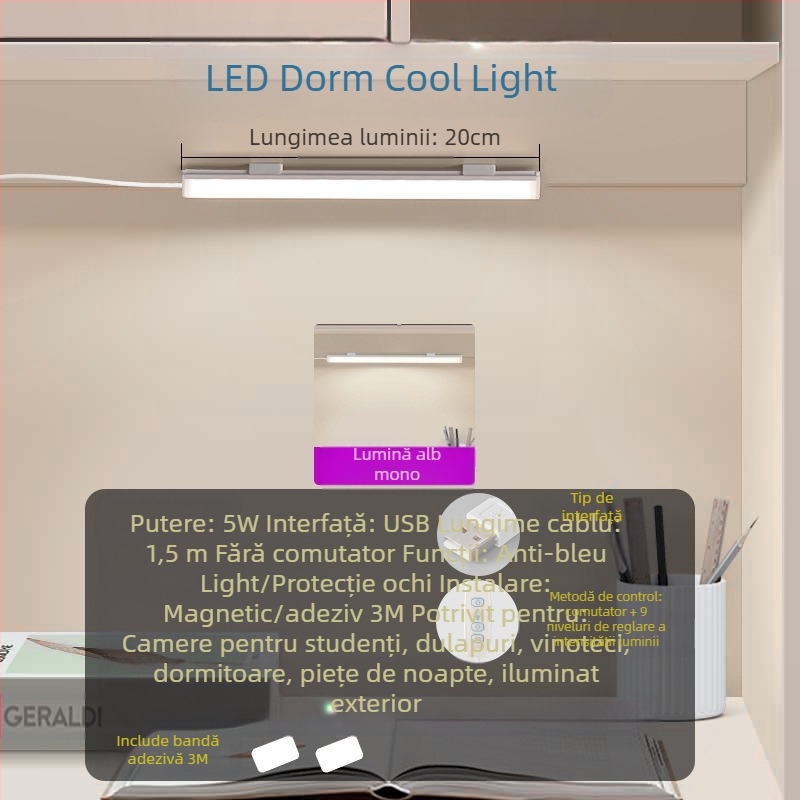 Lampă de birou pentru studiu, alimentare USB, comutator cu buton, corp din PC, intensitate reglabilă, stil modern minimalist