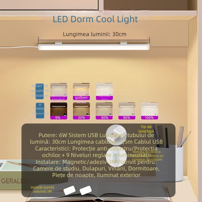 Lampă de birou pentru studiu, alimentare USB, comutator cu buton, corp din PC, intensitate reglabilă, stil modern minimalist