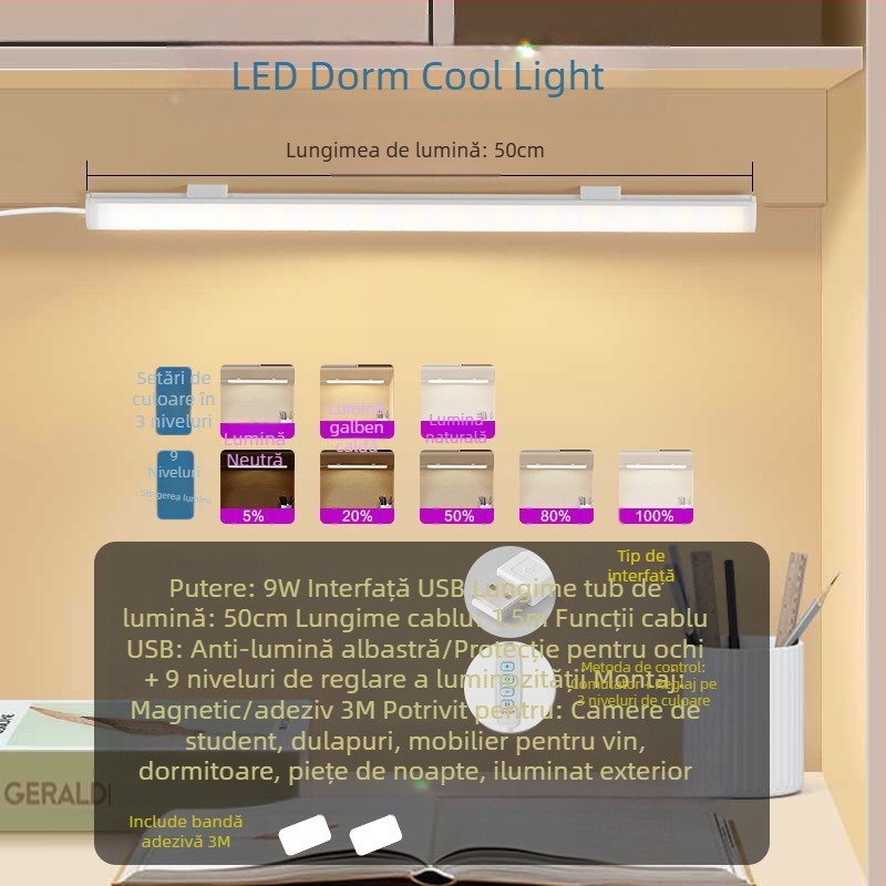 Lampă de birou pentru studiu, alimentare USB, comutator cu buton, corp din PC, intensitate reglabilă, stil modern minimalist