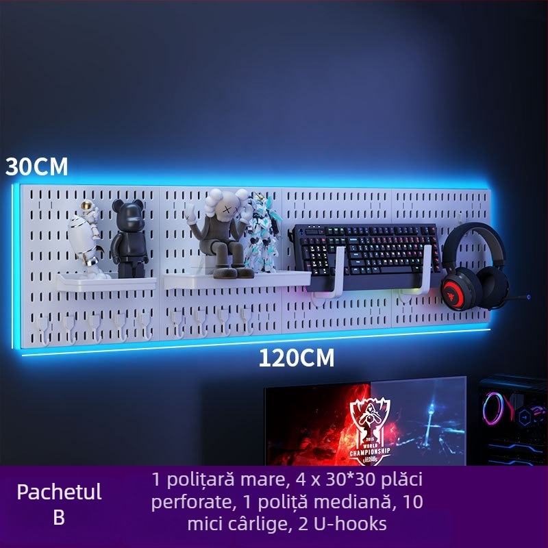 Panou perforat pentru perete cu cârlige – montaj fără găuri, 1 nivel, depozitare multifuncțională, ambalaj 20 buc.