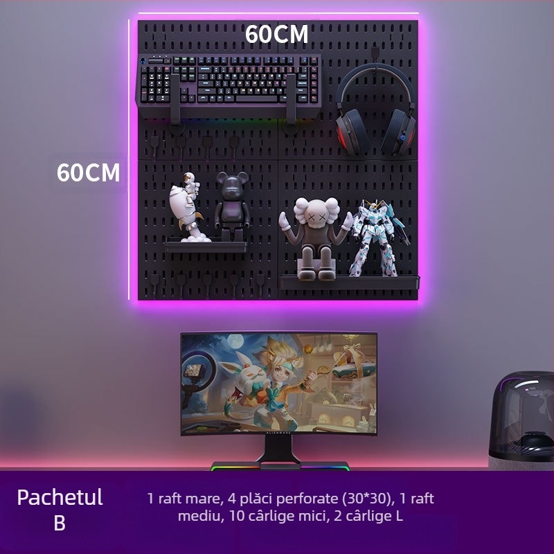 Panou perforat pentru perete cu cârlige – montaj fără găuri, 1 nivel, depozitare multifuncțională, ambalaj 20 buc.