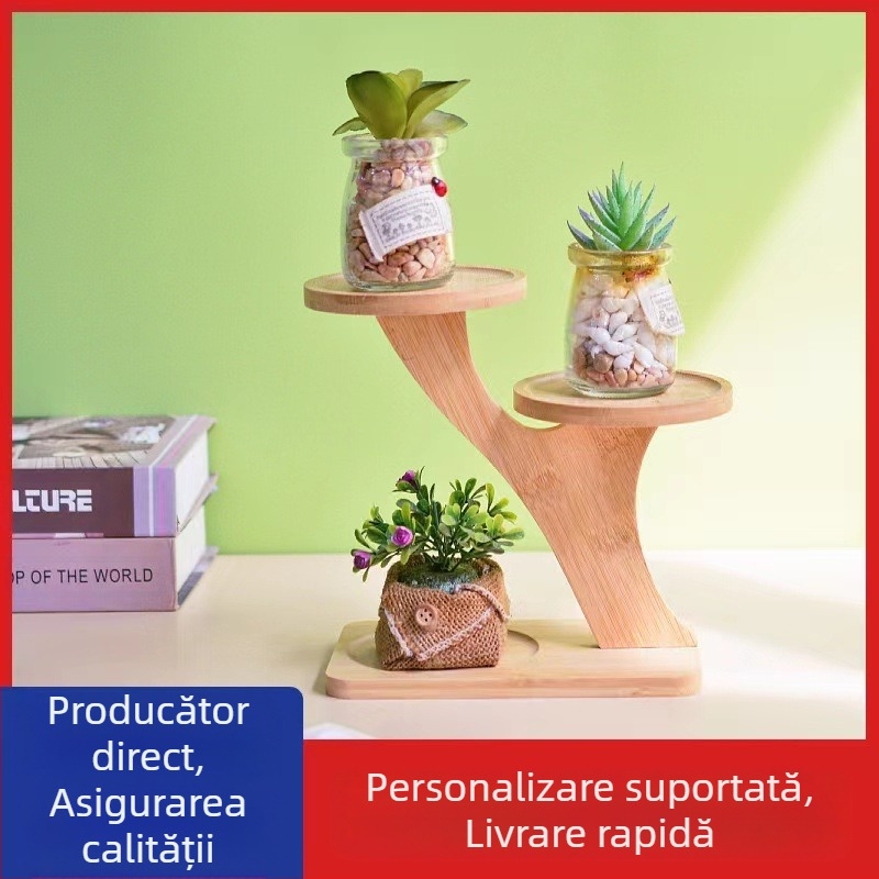 Suport de plante de birou din bambus pentru suculente — etajat, suport de ghivece, stil modern minimalist, montaj facil