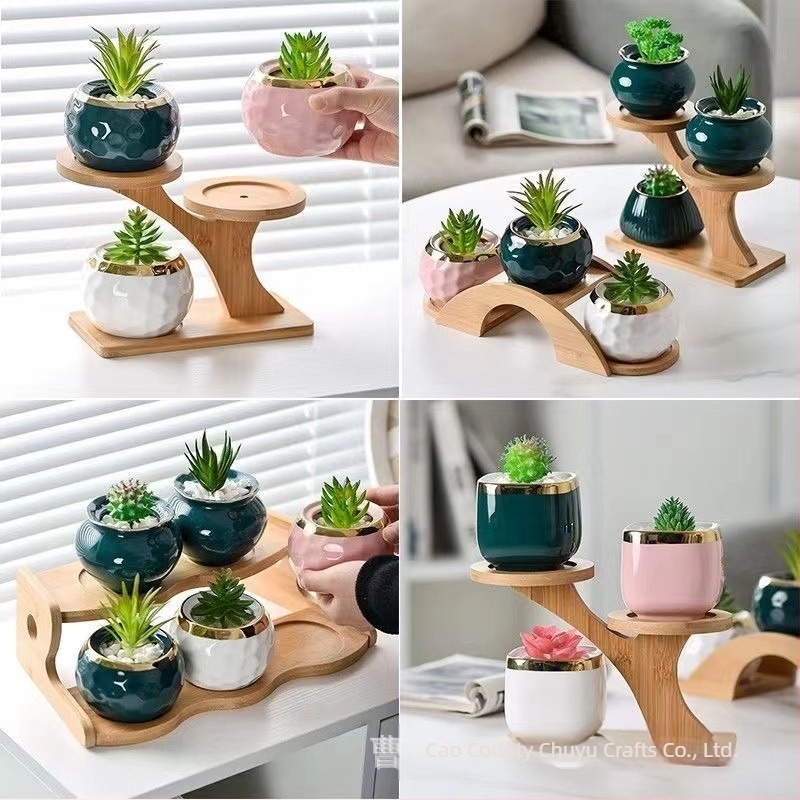 Suport de plante de birou din bambus pentru suculente — etajat, suport de ghivece, stil modern minimalist, montaj facil
